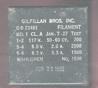 Gilfillan bros. 1952 vintage sealed transformer 
