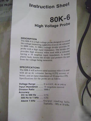 Fluke 80K-6 hv high voltage probe 6KV for multimeter