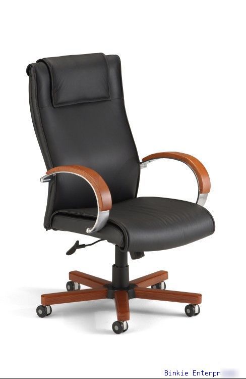 Executive all leather high back chair with wood accents