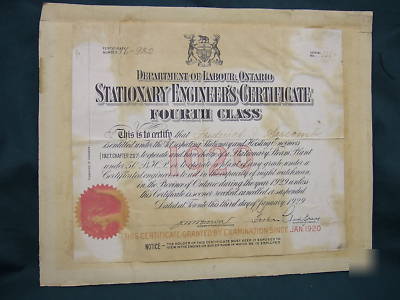 1929 ontario stationary engineer's certificate canadian