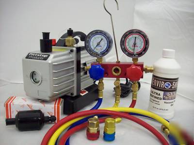 Vacuum pump rotary 2 cfm & charging manifold R134 kit +
