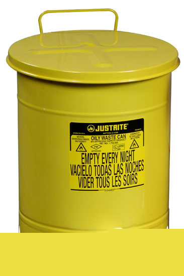Justrite 6 gallon yellow oily waste can