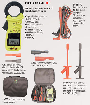 Digital clamp-on meter kit, incl. test leads, case, etc