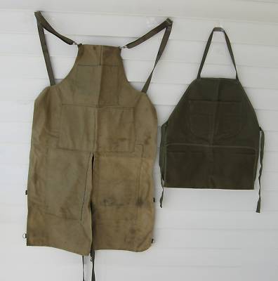 2 vtg industrial canvas bib aprons leather woodworking