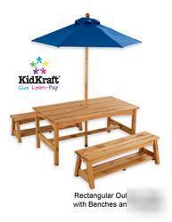Table & benches with blue umbrella