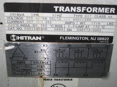 Hitran 280 kva 575 delta / 460 y/ 266 3PH 280KVA 460Y