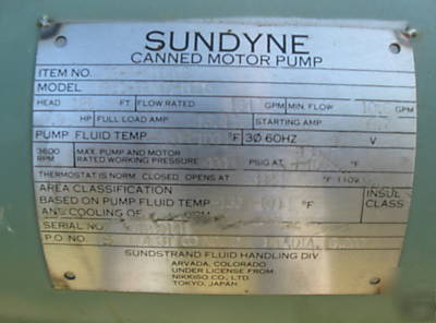 Sundyne 9.9 hp, stainless, canned centrifugal pump 