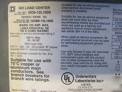 Square d qo load center QO6-12L100S series G4 100 amp
