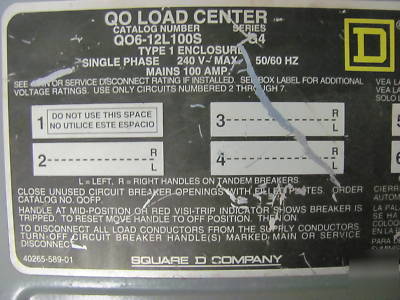Square d qo load center QO6-12L100S series G4 100 amp