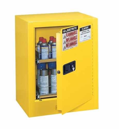 Justrite yellow aerosol can safety cabinet