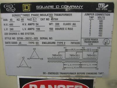 Square d transformer 45KVA 480/240 v 45 kva 3 ph delta