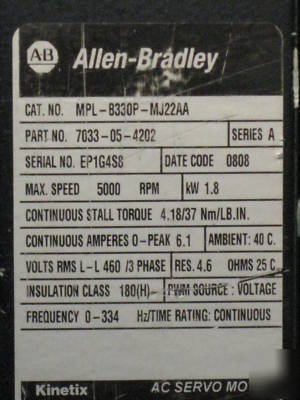 Allen bradley mpl-B330P-MJ22AA kinetix ac servo motor