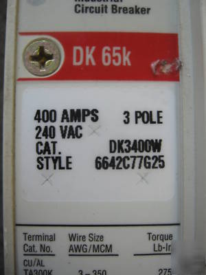 Cutler hammer circuit breaker 3P 400A 240V DK3400W