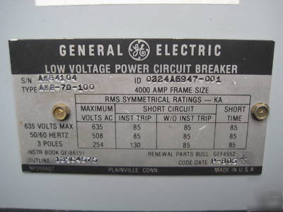 Ge akr-7D-100 4000 a amp breaker rms-9 mvt trip 635 v
