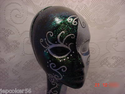 Tall mannequin head metallic black silver hat wig ooak