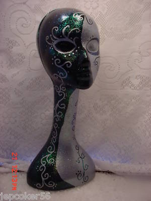 Tall mannequin head metallic black silver hat wig ooak