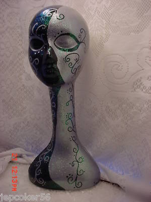 Tall mannequin head metallic black silver hat wig ooak