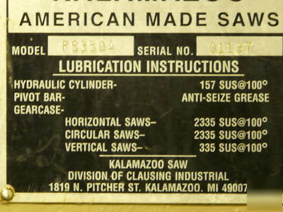 Kalamazoo fs 350A automatic metal cutting cold saw 2002