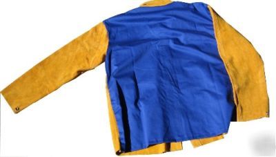 Welders jacket, leather jacket,gold & blue fr backed