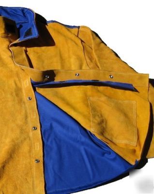 Welders jacket, leather jacket,gold & blue fr backed