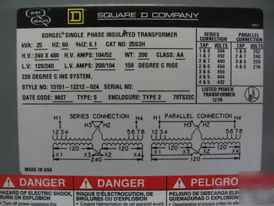 25 kva transformer pri 240 x 480V sec 120/240V 1 phase 