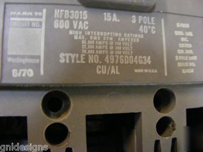 Westinghouse HFB3015 molded case circuit breaker 15 amp