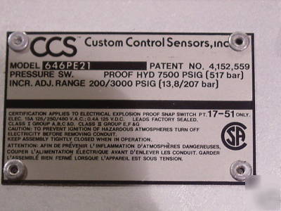 New ccs 646PE21 pressure switch 3000 psi 