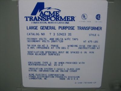 Acme transformer 50 kva 480/208Y/120 v 3 ph 50KVA 208 y