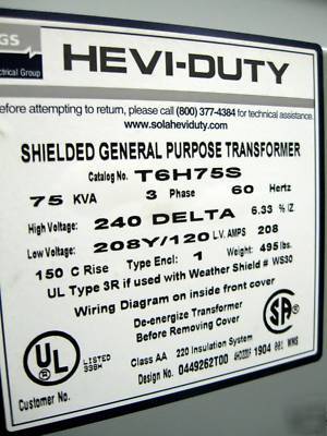 New 75 kva hevi-duty,240 to 208/120-3 phase transformer