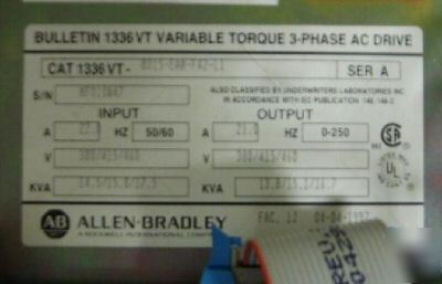 Allen bradley 1336 vt -B015 -ean -FA2 - L1 3PH ac drive