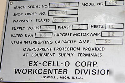 Ex-cell-o 408 cnc hmc large cap, 33 tons 