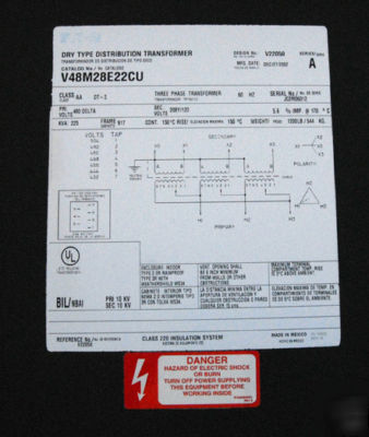 225 kva copper wound eaton transformer 480-208Y/120