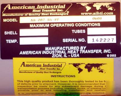 New 1 american industrial ab-702-B4-fp heat exchanger