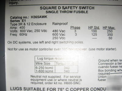 Square d H365AWK disconnect safety switch 400 a amp 3R 