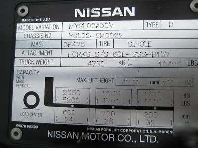 2004' nissan 6,000# pneumatic forklift, very nice 