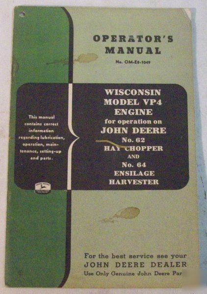 John deere 1950S wisconsin VP4 engine parts book manual
