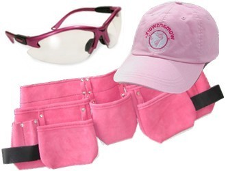 Pink suede tool belt pink cap safety glasses set trio 