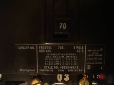 Westinghouse circuit BREAKER70AMP600V#FB3070L3POLE nrsv