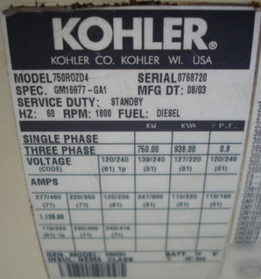 750KW kohler / mtu detroit diesel generator