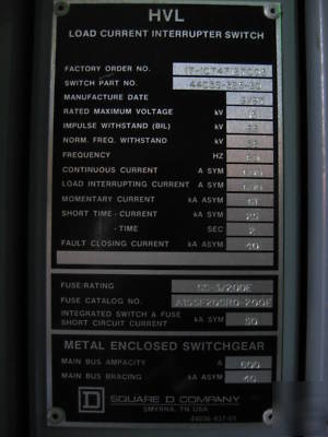 Square d load current interrupter switch 600 amp 15 kv