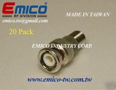 20 pcs adapter,bnc male to f female,nickel, taiwan