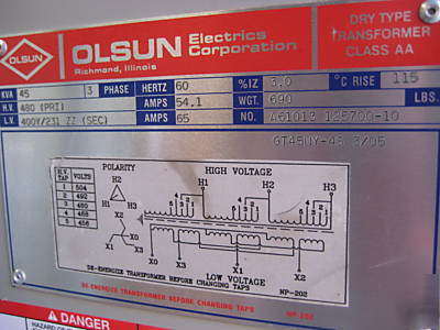 New olsun transformer 45 kva 480/400Y/231 v 45KVA 400 y 