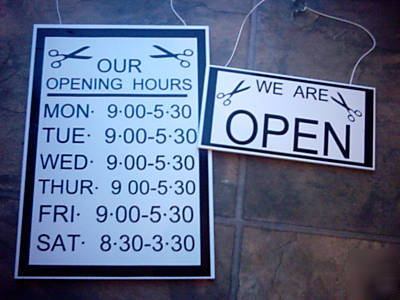 Open-closed +opening hours sign,signs,barber,salon,shop