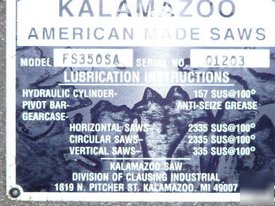 Kalamazoo fs 350SA semi -automatic metal cutting saw 