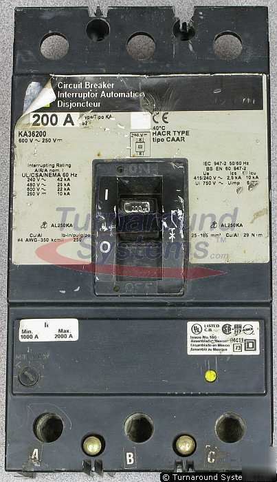 Square d KAP36200 circuit breaker, 200 amp, 600 volt