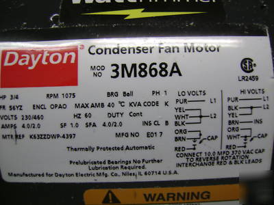 Dayton condenser fan motor 3/4HP, 1PH, 230/460 volts