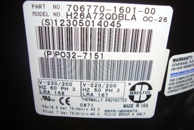 Bristol H26A72QDBLA 72K btu R22 3 ph quiet compressor
