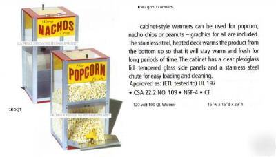 New paragon nacho/popcorn warmer 100QT 120V cabinet- 