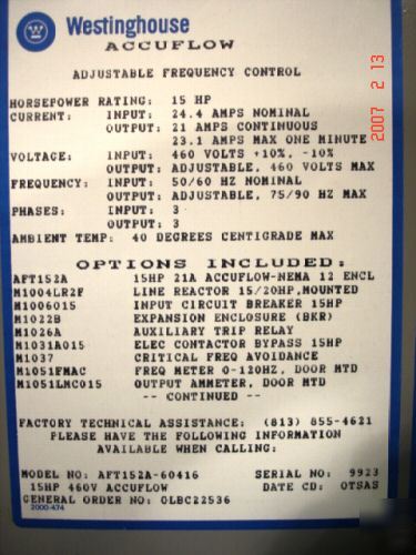 1 - westinghouse*15 h.p. adjustable frequency drive 