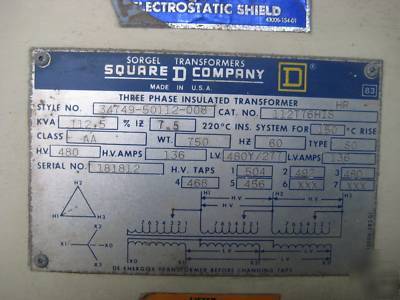 Square d transformer 112.5 kva 480/208Y/120 v 208 3 ph